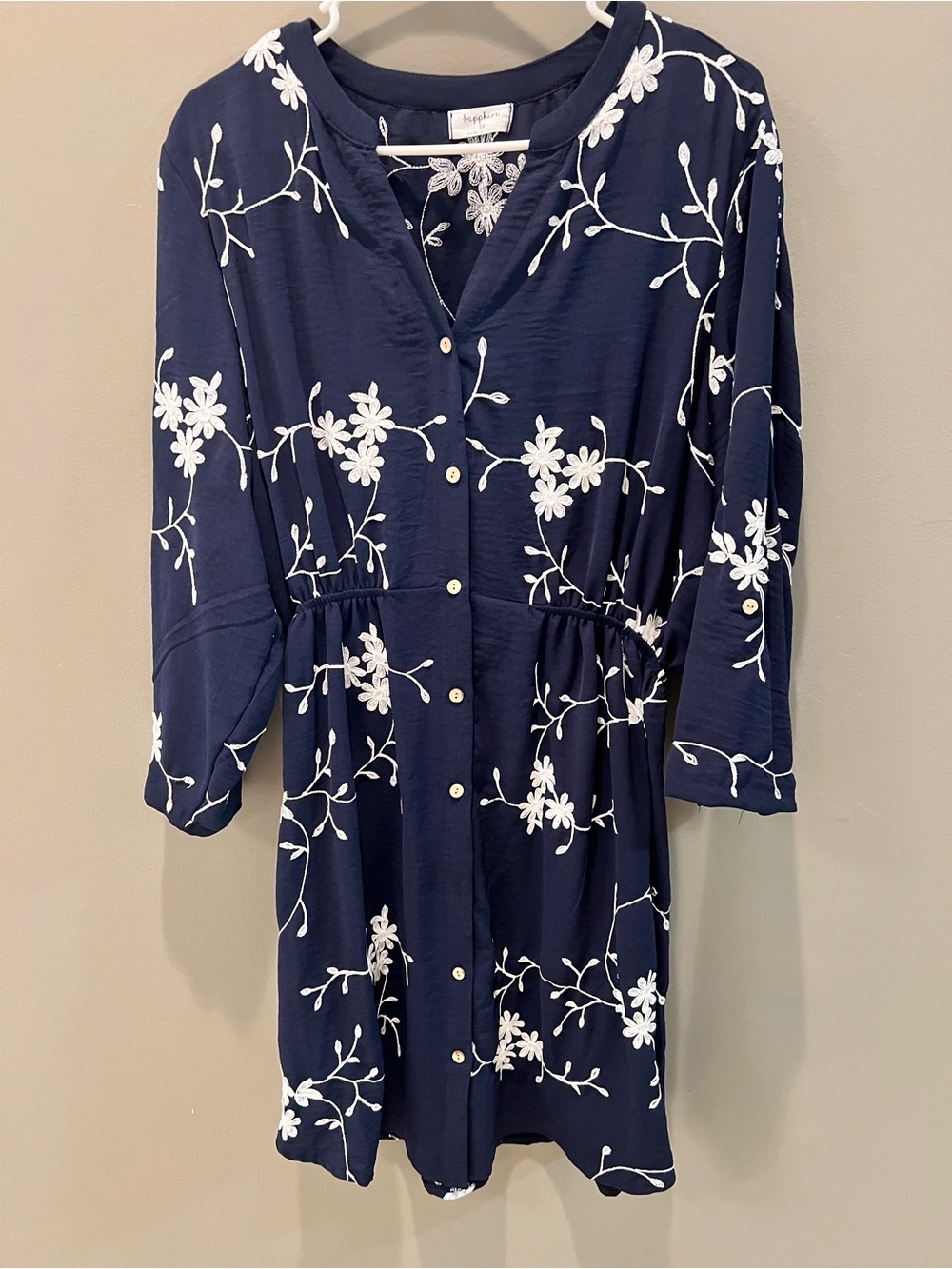 Navy Floral Embroidered Button-Front Dress
